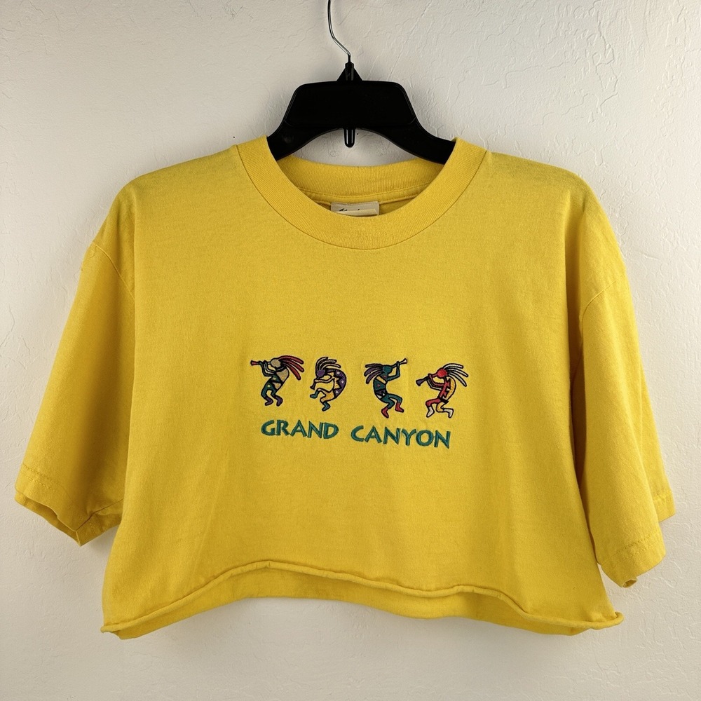 Vtg Fred Harvey Grand Canyon Kokopelli Yellow Cut Off Cropped L Embroidered Fest